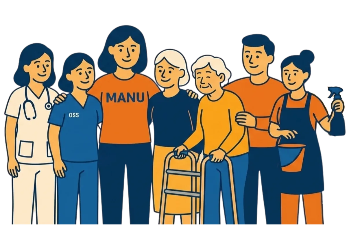 Il team di Assistenza 24H di Manu: infermiera, OSS, badante, addetta alle pulizie e persone assistite