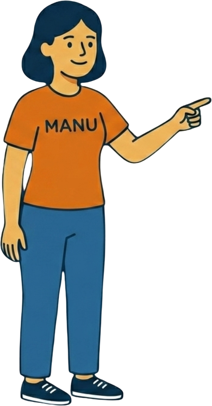 MANU, la mascotte di Assistenza 24H di Manu, indica il messaggio